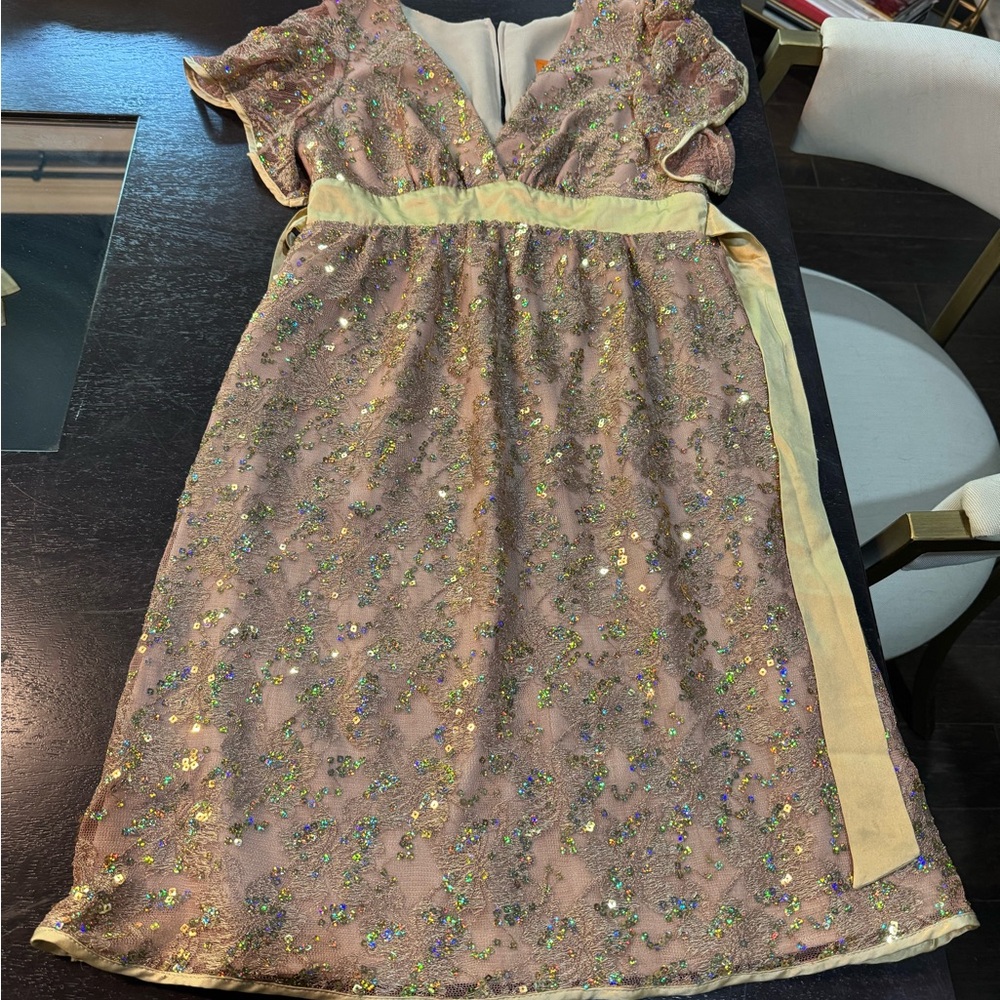 Voom by Joy Han Sequin Lace Flutter Sleeve Cocktail Dress Gold Taupe M
